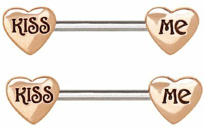 Nipple Ring Bars Rose Gold Plated ''Kiss Me'' Heart 14 gauge Sold as pair