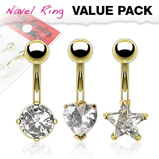 Body Accentz&reg; Belly Button Ring Navel Star, Heart & solitaire Gold plate prong set surgical steel bar value pack Body Jewelry 14 Gauge