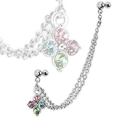 316L Surgical Steel Chain Multi Gemmed Flower Dangle Double Cartilage/Tragus ...