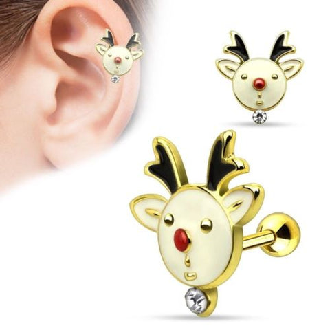 Christmas Gemmed Reindeer 316L Surgical Steel Tragus/Cartilage Barbell Holiday