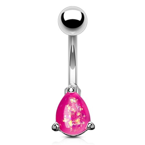 Belly Button Ring 14g Opal Glitter Tear Drop Prong Set 316L Surgical Steel Navel [pink]