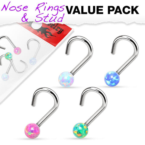 4 Pcs Value Pack of Assorted Opal Ball 316L Surgical Steel Nose Screw