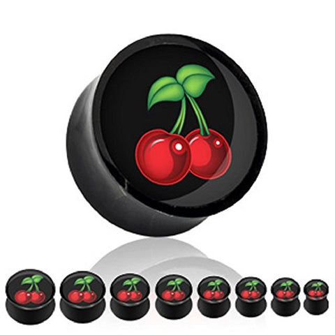 Black Acrylic Saddle Plug with Inlayed Cherry Picture Insert - Sold as a pair 9/16"