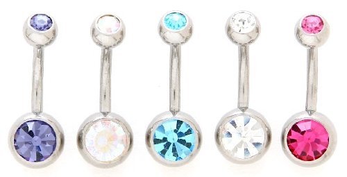Lot of 5 Double Jeweled Gemmmed Belly Navel  Bar Ring Rings 14g