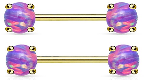 Nipple rings Opal Prong Set 14Kt. Gold Plated 316L Surgical Steel Barbells 9/16'' - purple - purple
