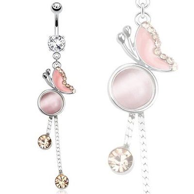 Belly Button Ring 316L Surgical Steel Epoxy Butterfly Pink Tigereye Gem Navel