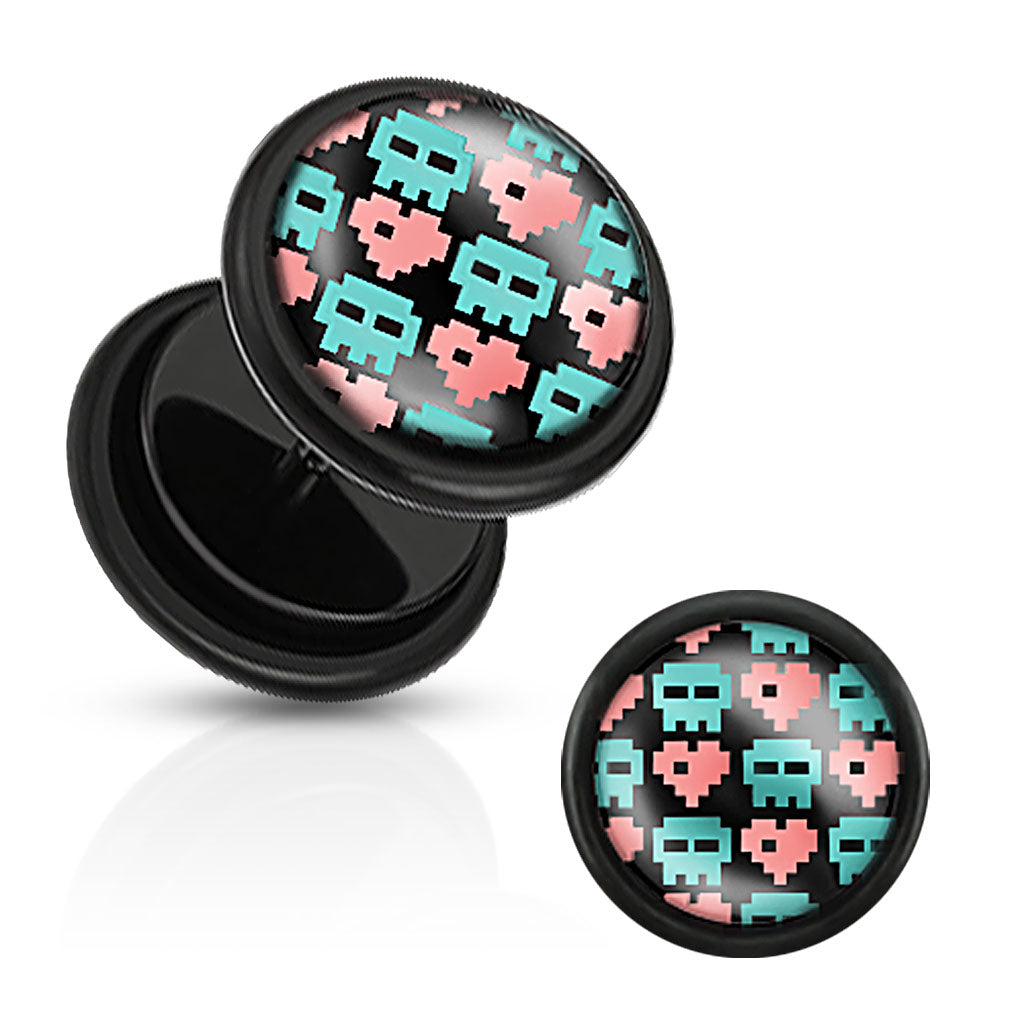 Black Acrylic Fake Plug with Pixel Skull and Hearts Print Inlay with O-Rings
