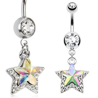 Belly Button Ring 316L Surgical Steel Multi CZ Pave Star Focal Iridescent Navel