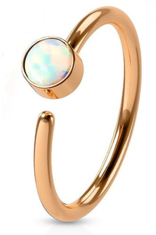 Nose Ring 20g 6mm White Opal Set IP Plating over 316L Surgical Steel Nose Hoop [Rose Goldtone]