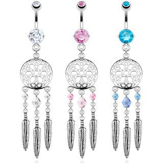 Body Accentz&reg; 316L Surgical Steel Dream Catcher Web with Crystal Bead Based Feathers Fancy Navel Ring Body Jewelry Dangle 14 Gauge Belly Button Ring