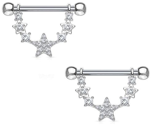 Nipple rings CZ Paved Linked Stars Dangle  316L Surgical Steel 14g [Silver tone]