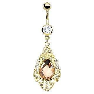 Belly Button Ring Pink Faceted Cut Gem on Pave Gemmed Royal Shield Dangle 14k...