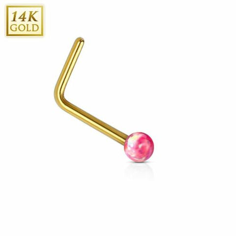 Nose Ring 20g 14Kt. Gold L Bend Nose Stud Ring with 2mm Opal Ball [Red] - Red