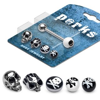 Body Accentz&trade; 14G 5/8" Barbell Bonus Package with Interchangeable Assorted Tops Tongue Ring - Skulls Crossbone Pirate Flag