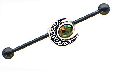 Industrial bar 1.5'' Barbell  Opal and Moon Charms 14ga Cartilage 316L Steel bar