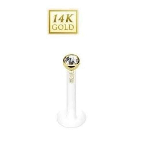 Body Accentz 14 Karat Solid Yellow Gold CZ Gemball Top Bio-Flex Shaft Labret Monroe 16g 1/4"