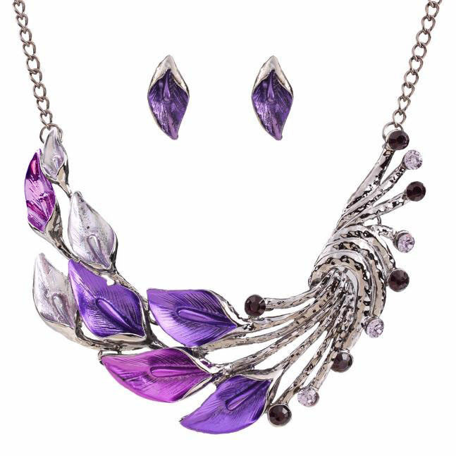 Elegant Women's Purple Peacock Enamel Festoon Bib Necklace Stud Earrings Set