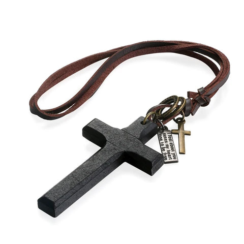 Vintage Wood Cross Crucifix Necklaces Men Women Rope Cord Religious Prayer Unisex