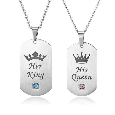 Her King & His Queen Crown Couple Necklaces Stainless Steel Charm Love Pendants Dog Tag Crysta