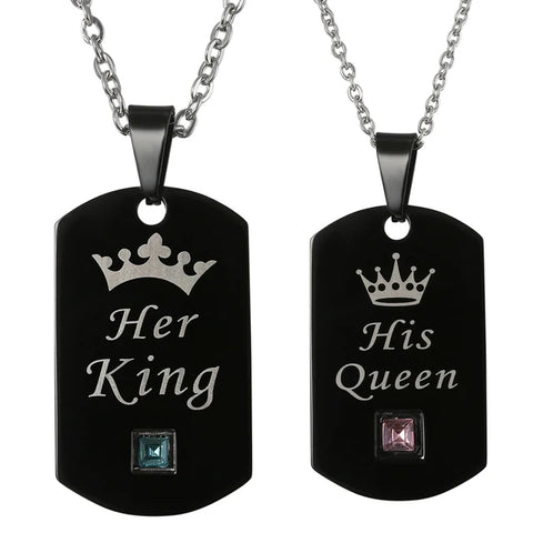 Her King & His Queen Crown Couple Necklaces Charm Love Pendants Dog Tag Crystal Jewelry